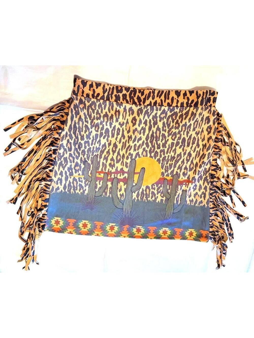 Fashion Express Boho Festival Western Cactus Leopard Fringe Skirt Size Medium